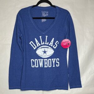 Cowboys Her Style V-Neck Long Sleeve Tee - Blue with White Graphic